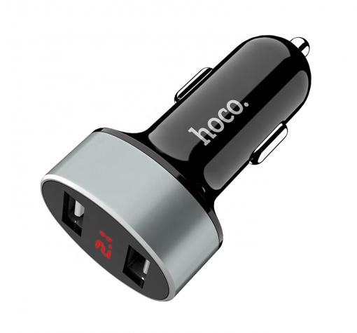 Универсално зарядно за кола HOCO LED Display Dual USB Car Charger / Input: 12-24V / Output: USB1 5V-2.1A /USB2: 5V-2.1A - черно със сиво