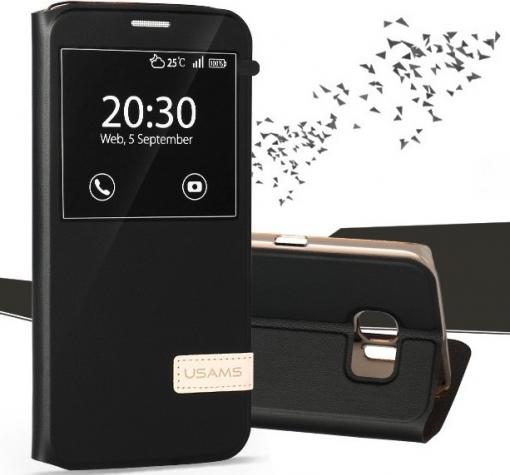 Луксозен кожен калъф тефтер S-View със стойка USAMS Muge Series за Samsung S6 G920 - черен