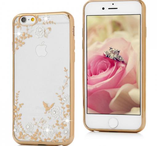 Луксозен силиконов калъф / гръб / TPU с камъни за Apple iPhone 7 - прозрачен / бели цветя / златист кант