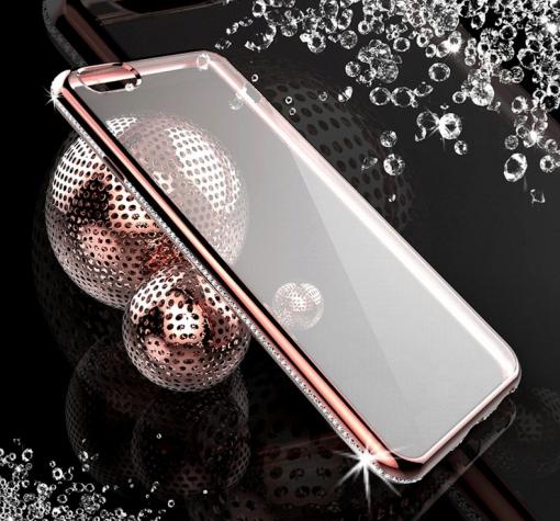 Луксозен силиконов калъф / гръб / TPU UYITLO с камъни за Apple iPhone 6 / iPhone 6S - прозрачен с Rose Gold кант