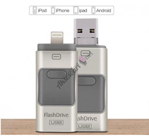 USB Flash Drive / USB флаш памет 3в1 за Apple iPhone / Android - 128 GB / сребриста