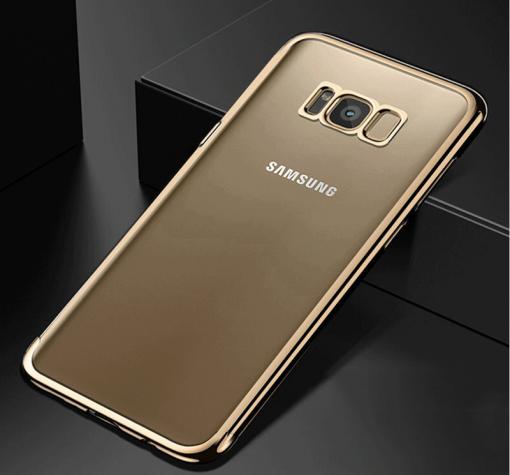 Луксозен силиконов калъф / гръб / TPU за Samsung S8 Plus G955 - прозрачен / златист кант