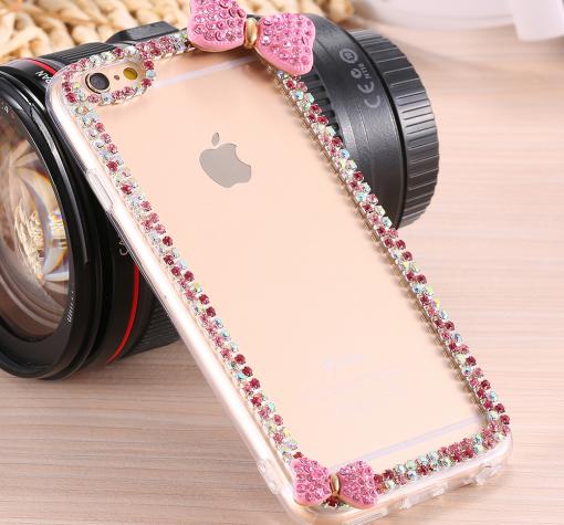 Луксозен твърд гръб с камъни за Apple iPhone 6 / iPhone 6S - прозрачен / розова панделка / цветни камъни
