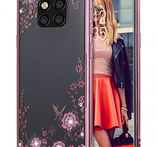 Луксозен силиконов калъф / гръб / TPU с камъни за Huawei Mate 20 Pro - прозрачен / розови цветя / Rose Gold кант