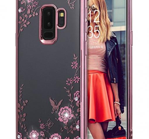 Луксозен силиконов калъф / гръб / TPU с камъни за Samsung A6 2018 A600F - прозрачен / розови цветя / Rose Gold кант