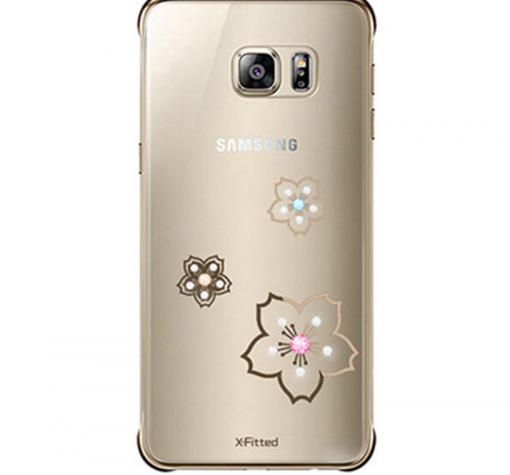 Луксозен твърд гръб X-FITTED Swarovski Diamond за Samsung S7 Edge G935 - прозрачен със златист кант / цветя