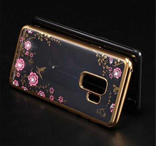 Луксозен силиконов калъф / гръб / TPU с камъни за Samsung S9 Plus G965 - прозрачен / розови цветя / златист кант