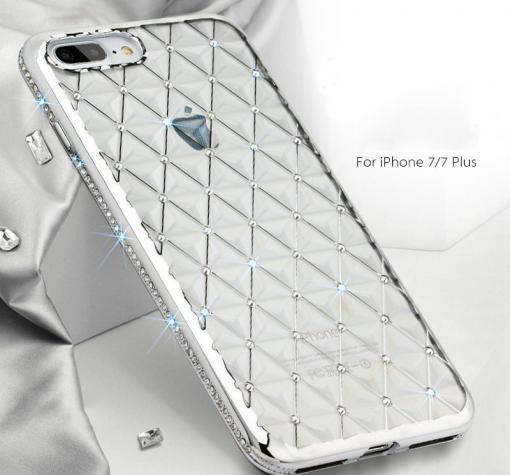 Луксозен силиконов калъф / гръб / TPU с камъни за Apple iPhone 7 - прозрачен / сребрист кант / ромбове