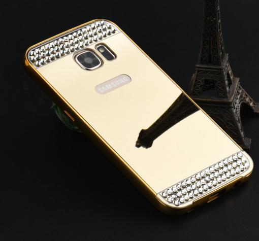 Луксозен алуминиев бъмпер с твърд гръб и камъни за Samsung S7 Edge G935 - златист / огледален