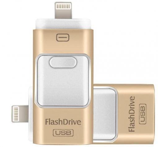 \USB Flash Drive / USB флаш памет 3в1 за Apple iPhone / Android - 128 GB / златиста