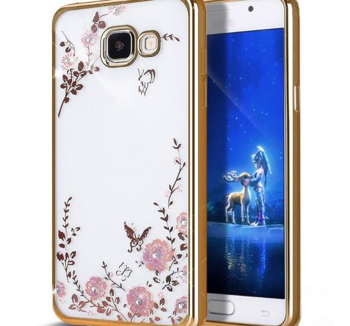Луксозен силиконов калъф / гръб / TPU с камъни за Samsung A3 2016 A310 - розови цветя / златист кант