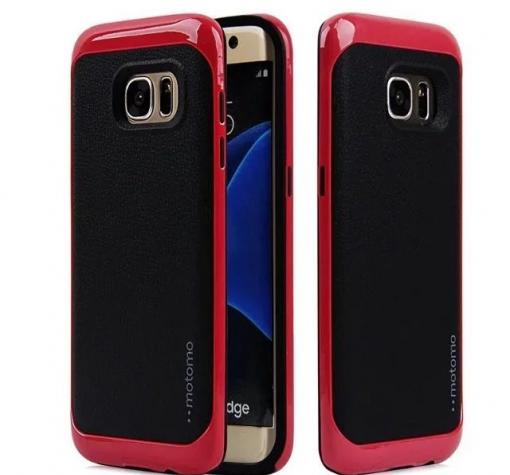 Луксозен твърд гръб MOTOMO Hybrid със силиконов кант за Samsung J3 / J3 2016 J320 - черен с червен кант / имитиращ кожа