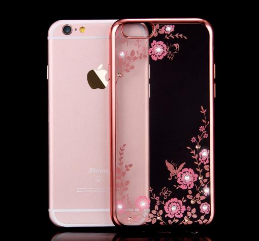 Луксозен твърд гръб KAVARO с камъни Swarovski за Apple iPhone 7 - прозрачен / розови цветя / Rose Gold кант