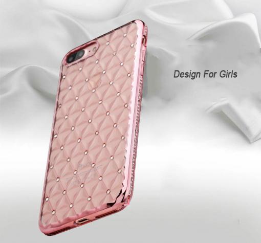 Луксозен силиконов калъф / гръб / TPU с камъни за Apple iPhone 7 - прозрачен / Rose Gold кант / ромбове