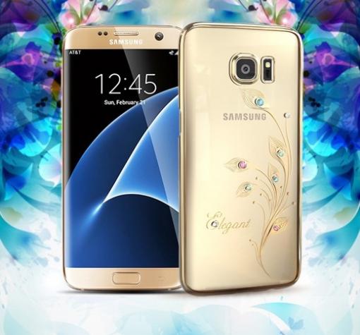 Луксозен твърд гръб KINGXBAR Swarovski Diamond за Samsung S7 G930 - прозрачен със златен кант / Elegant
