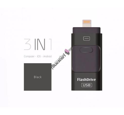 USB Flash Drive / USB флаш памет 3в1 за Apple iPhone / Android - 128 GB / черна