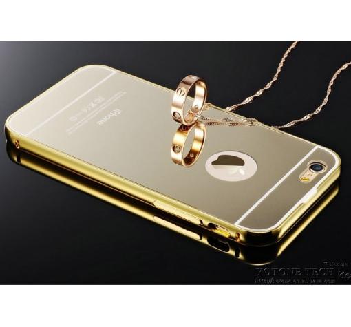 Луксозен алуминиев бъмпер с твърд гръб за Apple iPhone 6 / iPhone 6S - златист / огледален