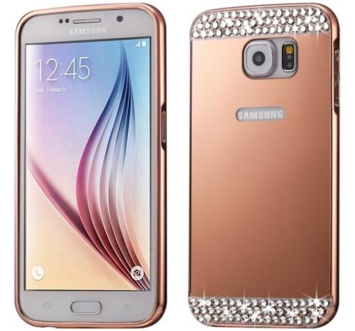 Луксозен алуминиев бъмпер с твърд гръб и камъни за Samsung S6 Edge G925 - розов / Gold Rose / огледален