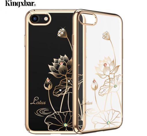 Луксозен твърд гръб KINGXBAR Swarovski Diamond за Apple iPhone 7 / iPhone 8 - прозрачен / златист кант / лотос