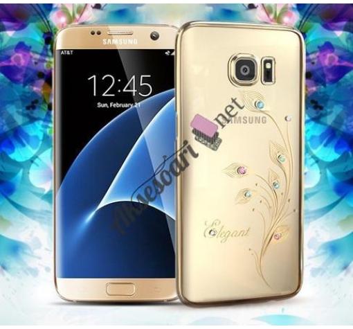 Луксозен твърд гръб KINGXBAR Swarovski Diamond за Samsung S6 Edge G925 - прозрачен със златен кант / Elegant