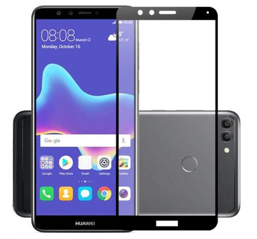 3D full cover Tempered glass screen protector Huawei Y9 2018 / Извит стъклен скрийн протектор Huawei Y9 2018 - черен