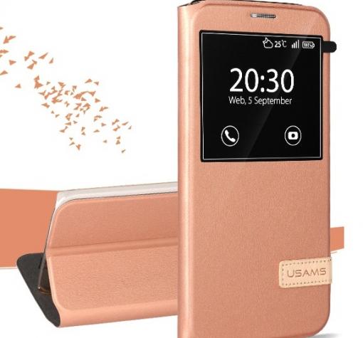 Луксозен кожен калъф тефтер S-View със стойка USAMS Muge Series за Samsung S7 Edge G935 / S7 Edge - Gold Rose