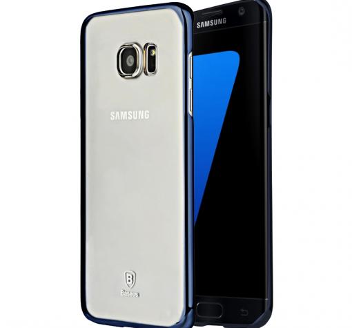 Луксозен твърд гръб Baseus Glitter Case за Samsung S7 Edge G935 - прозрачен / тъмно син кант