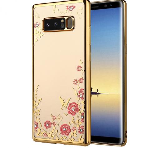 Луксозен силиконов калъф / гръб / TPU с камъни за Samsung Note 8 N950 - прозрачен / розови цветя / златист кант