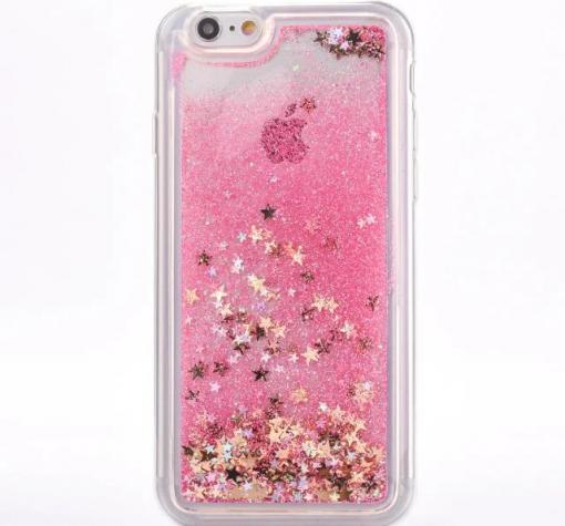 Луксозен твърд гръб 3D за Apple iPhone 7 - прозрачен / розов брокат / звездички