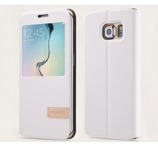 Луксозен кожен калъф тефтер S-View със стойка USAMS Muge Series за Samsung S6 Edge G925 - бял