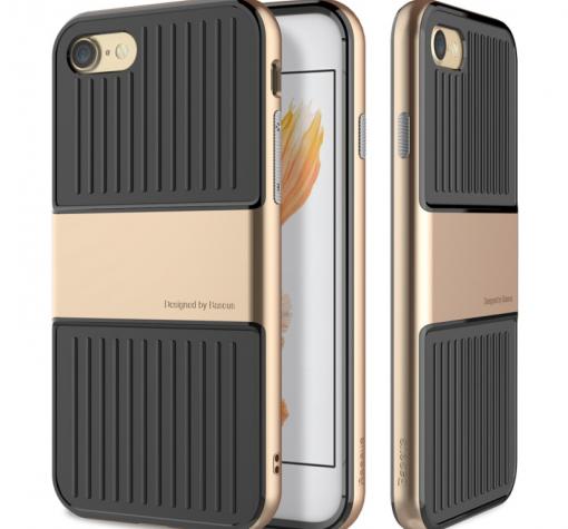 Оригинален силиконов калъф / гръб / TPU Baseus Anti-Fall Design Travel Case за Apple iPhone 7 - черен / златист кант
