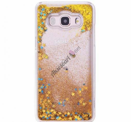 Луксозен твърд гръб 3D за Samsung J7 2016 J710 - прозрачен / златист брокат / звездички