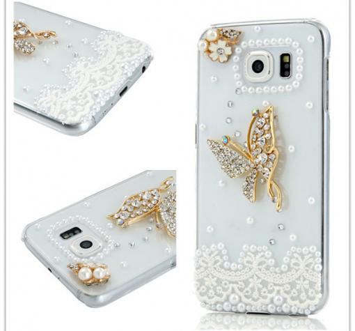 Луксозен твърд гръб с камъни 3D Luxury Diamond Bling Rhinestone за Samsung S6 Edge G925 - прозрачен / Clear Butterfly