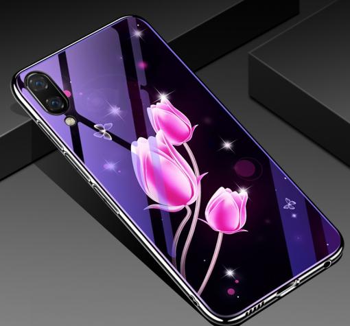 Луксозен стъклен твърд гръб със силиконов кант за Samsung A10/M10 - розови лалета