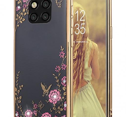 Луксозен силиконов калъф / гръб / TPU с камъни за Huawei Mate 20 Pro - прозрачен / розови цветя / златист кант