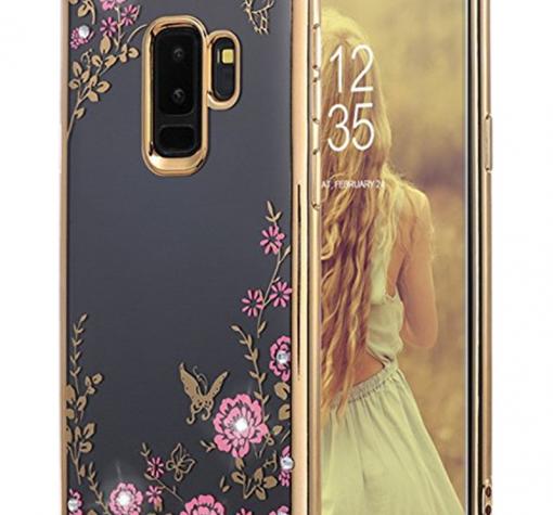Луксозен силиконов калъф / гръб / TPU с камъни за Samsung A6 2018 A600F - прозрачен / розови цветя / златист кант