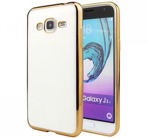 Луксозен силиконов калъф / гръб / TPU за Samsung J3 2016 J320 - прозрачен / златист кант