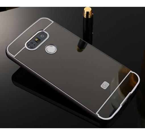 Луксозен алуминиев бъмпер с твърд гръб за LG G5 - огледален / тъмно сив
