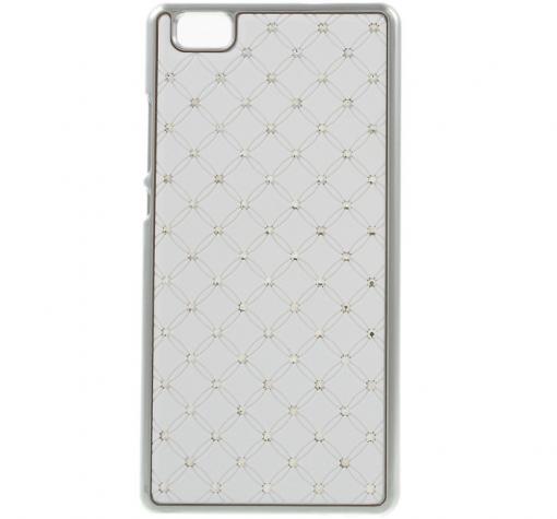 Твърд гръб / капак / с камъни за Huawei Ascend P8 Lite - бял с метален кант