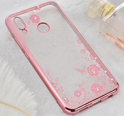 Луксозен силиконов калъф / гръб / TPU с камъни за Huawei P Smart 2019 - прозрачен / розови цветя / Rose Gold кант