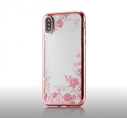 Луксозен силиконов калъф / гръб / TPU с камъни за Huawei P30 - прозрачен / розови цветя / Rose Gold кант