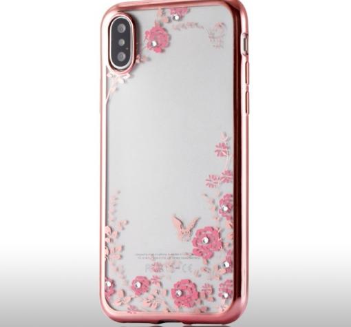 Луксозен силиконов калъф / гръб / TPU с камъни за Huawei Y5 2019 - прозрачен / розови цветя / Rose Gold кант