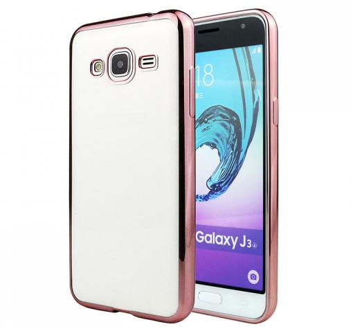 Луксозен силиконов калъф / гръб / TPU за Samsung J3 2016 J320 - прозрачен / Rose Gold кант