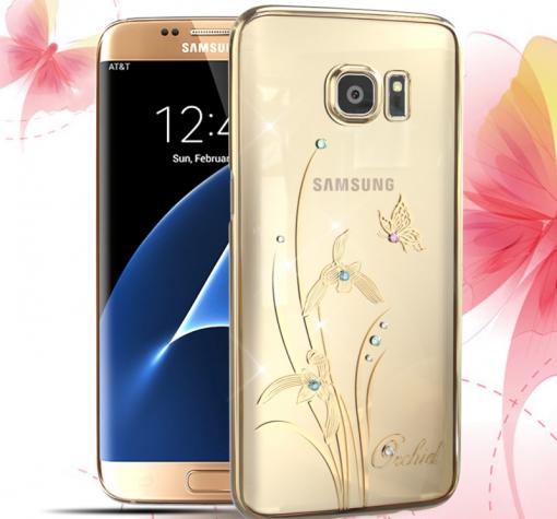 Луксозен твърд гръб KINGXBAR Swarovski Diamond за Samsung S7 Edge G935 - прозрачен със златен кант / Grchid