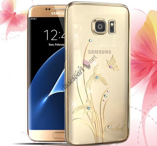 Луксозен твърд гръб KINGXBAR Swarovski Diamond за Samsung S6 Edge G925 - прозрачен със златен кант / Grchid