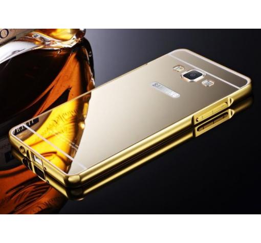 Луксозен алуминиев бъмпер с твърд гръб за Samsung J5 2016 J510 - златист / огледален