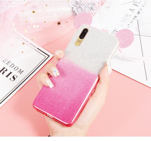 Луксозен силиконов калъф / гръб / TPU 3D за Huawei P20 - преливащ / розово и сиво / брокат / миши ушички / 2в1