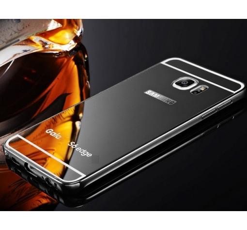 Луксозен алуминиев бъмпер с твърд гръб за Samsung S6 Edge G925 - огледален / черен