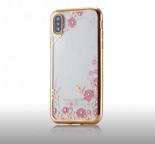 Луксозен силиконов калъф / гръб / TPU с камъни за Huawei P20 Pro - прозрачен / розови цветя / Gold кант