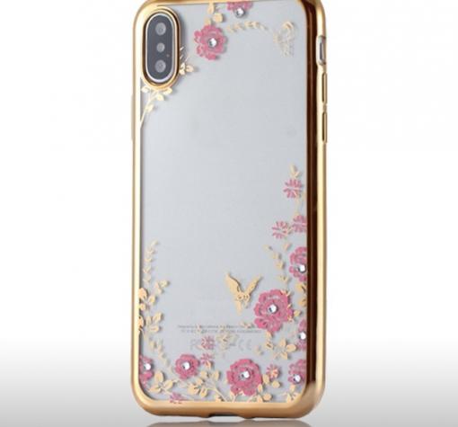 Луксозен силиконов калъф / гръб / TPU с камъни за Samsung A10 - прозрачен / розови цветя / златист кант